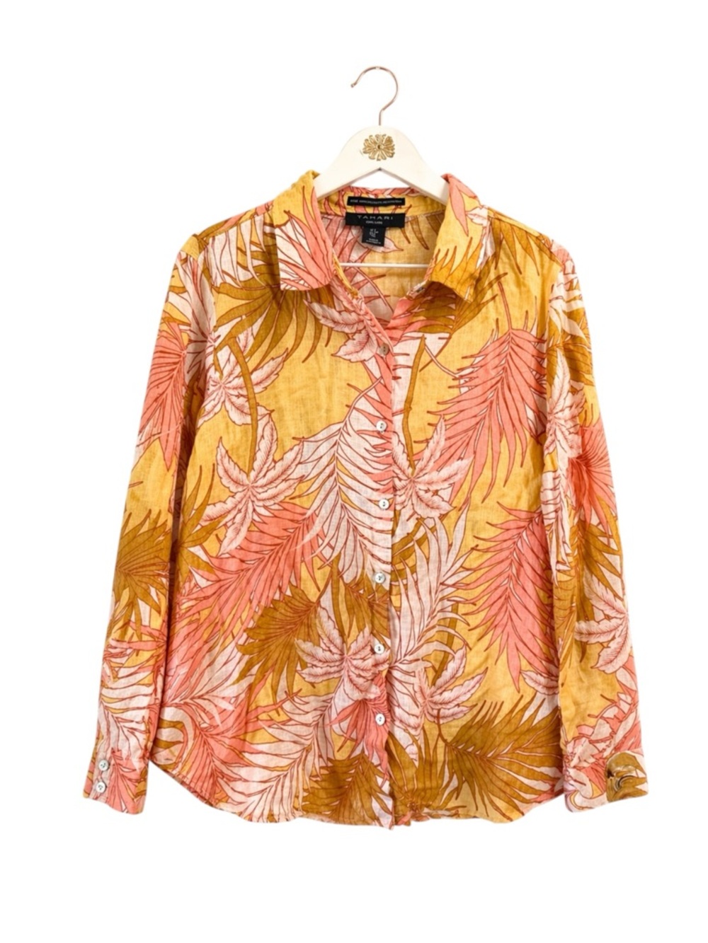 Tahari Womens Tropical Palm Tree 100% Linen Button Up Oversized Blouse Top Small